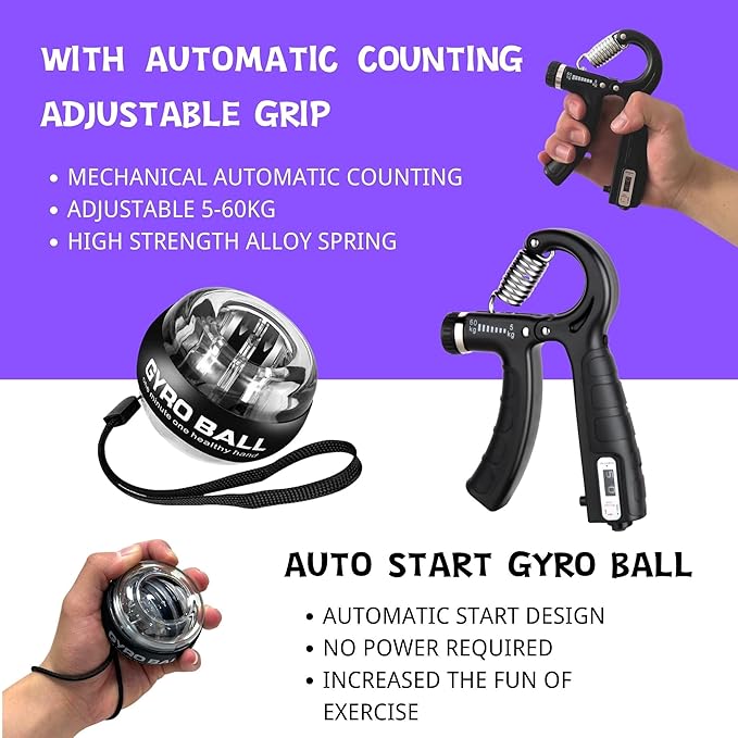 Hand Grip Strengthener Workout Kit (8 Pack) Forearm Grip Adjustable Resistance Hand Gripper, Finger Stretcher, Finger Exerciser, Grip Ring，Gyro Ball
