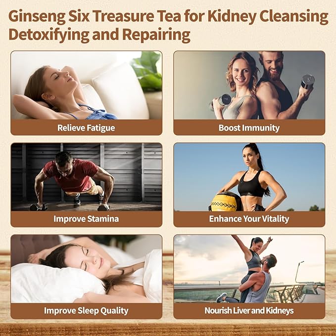 Kidney Tea Formula Ginseng Six Treasure Tea - Natural Chinese Traditional Herbal Ginseng Five Treasures Kidney Detox Cleanse Teabag For Men Women - 60 Bags