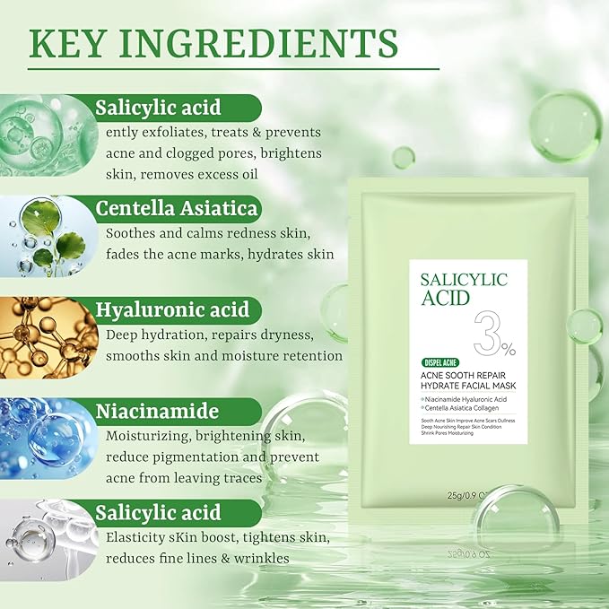 Anti Acne Face Mask Salicylic Acid Face Masks Skincare, Hydrating Face Masks, Soothing Facial Sheet Mask Skin Care for Acne Prone, Acne Mask for Pimple Breakouts Oil Control, 10 Pack