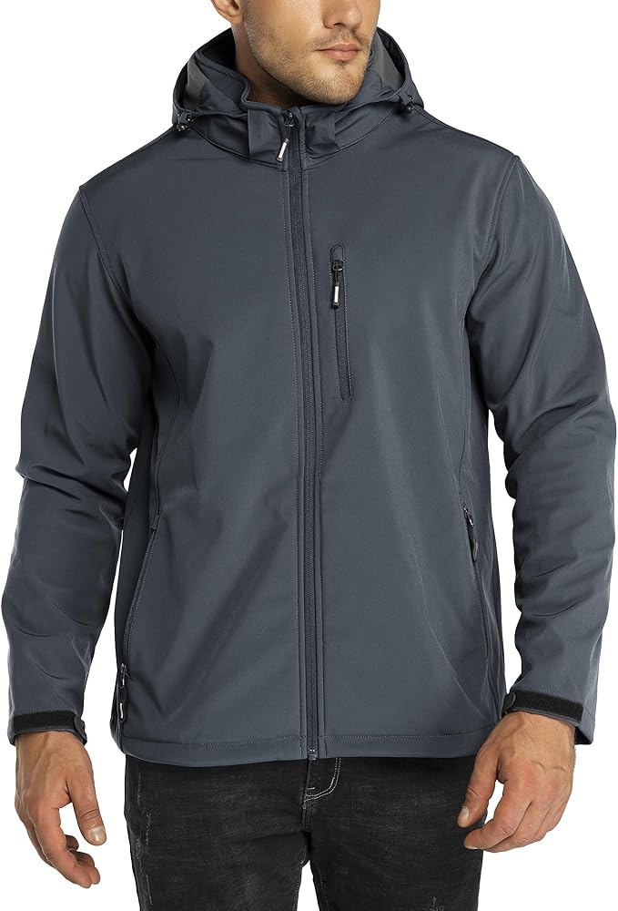 Outdoor Ventures Men's Lightweight Softshell Jacket Fleece Lined Hooded Water Resistant Winter Hiking Windbreaker Jackets