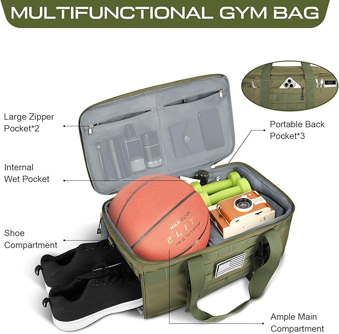 ETRONIK Gym Bags for Men Women, Military Duffle Bag Backpack with Shoe Compartment, 3 in 1 Carry on Bag Travel Backpack with Wet Pocket, Weekender Overnight Range Bag for Workout Football Gym, Green