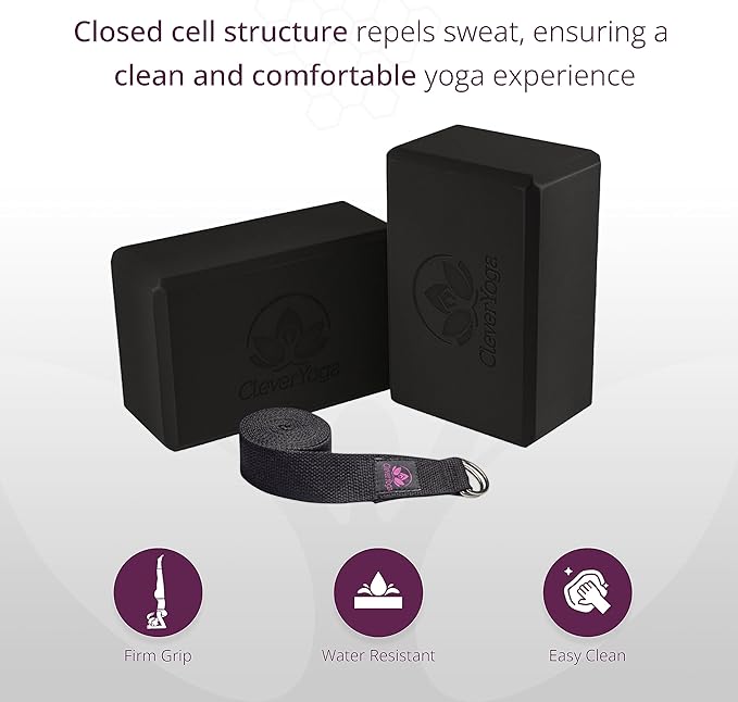 Clever Yoga Blocks & Strap - Lighweight Foam Yoga Blocks 2 Pack with 8ft Cotton Yoga Strap Set Kit for Beginners & Pros, Accessories & Equipment for Women & Men - Gray