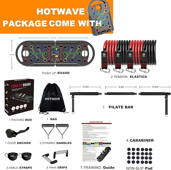 HOTWAVE Portable Exercise Equipment with 16 Gym Accessories.20 in 1 Push Up Board Fitness,Resistance Bands with Ab Roller Wheel,Full Body Workout at Home