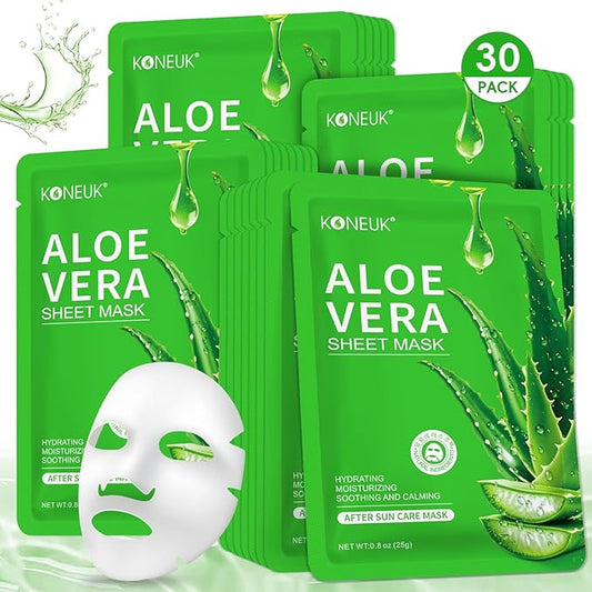 30 Pack Aloe Vera Hydrating Face Masks Skincare, Moisturizing & Soothing Sheet Face Mask for Skin Care, Bulk Aloe Face Masks for After Sun Care and Sunburn Relief