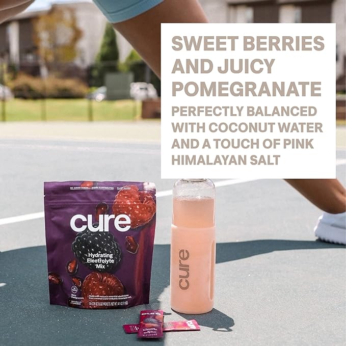 Cure Hydration | Plant-Based Electrolyte Drink Mix | No Added Sugar | FSA-HSA | Dehydration Relief Powder Made with Coconut Water | Non-GMO | Vegan | 28 Servings Jar - Berry Pomegranate