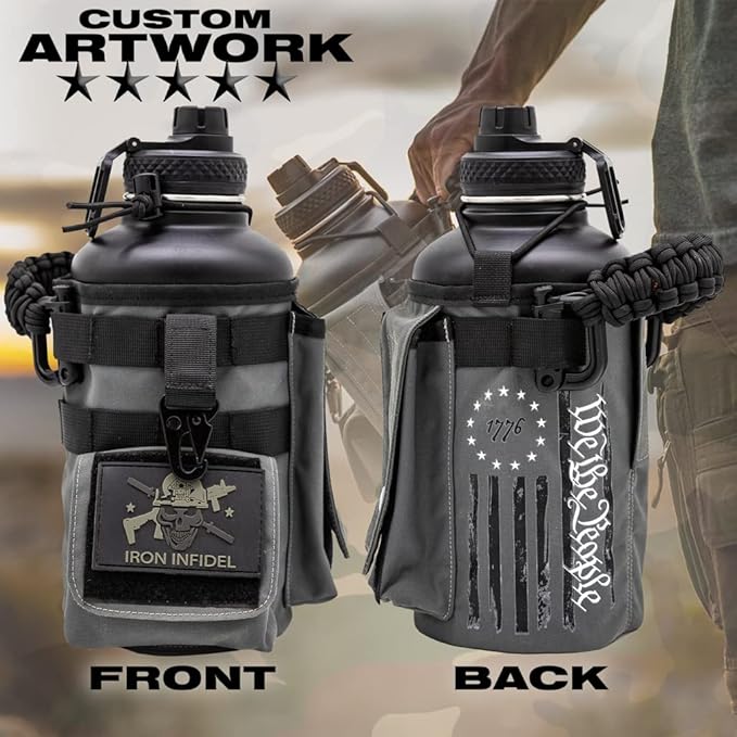 Iron Infidel Battle Bottle - Half Gallon Water Bottle Insulated, 64 oz Stainless Steel Water Jug with Paracord Handle - Gym Flask for Men with Rugged Sleeve for Storage (Betsy Ross 2 Liter)