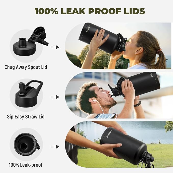 2 Pack 128 oz Insulated Water Bottle, Triple Wall Stainless Steel Flask, Keeps Drinks Cold for 48 Hrs Leak-Proof & BPA-Free Half Gallon Jug with Paracord Handle, Straw & Spout Lids(2 pack,Black)