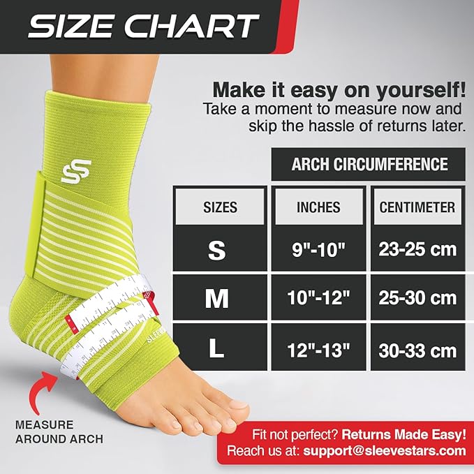 Sleeve Stars Ankle Brace for Women & Men, Ankle Wrap for Sprain, Compression Sleeve for Plantar Fasciitis Relief, Easy Customizable Support: w/ Removable Strap (Pair/M:10"-12"/Neon Green)