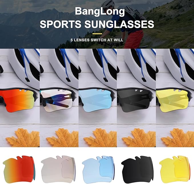 BangLong Polarized Sports Sunglasses Cycling Sun Glasses for Men Women with 5 Interchangeable Lenes for Running Baseball Golf