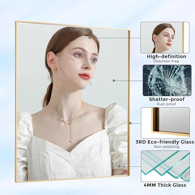 27x40 Inch Orange Gold Bathroom Mirror for Wall, Aluminum Frame Rectangle Rectangular Vanity Mirror, Modern Large for Bedroom, Living Room, Horizontal or Vertical