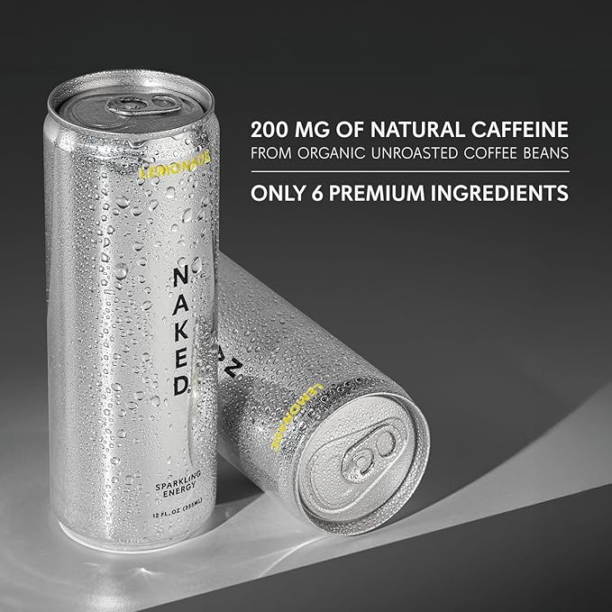 Naked Sparkling Energy Drink - Lemonade, Organic Caffeine, Organic Lemon Juice, Zero Sugar, No Sucralose, Naturally Sweetened, Natural Energy Drinks, Vegan, Gluten-Free, Non-GMO - 12oz Cans (Pack of 12)