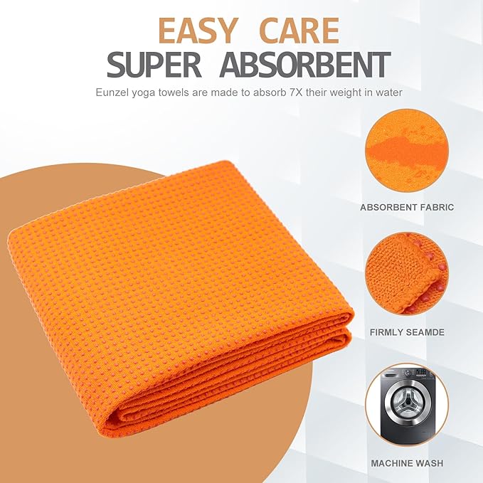 Eunzel Yoga Towel,Hot Yoga Mat Towel with Grip Dots Sweat Absorbent Non-Slip for Hot Yoga, Pilates and Workout 24" x72", Orange