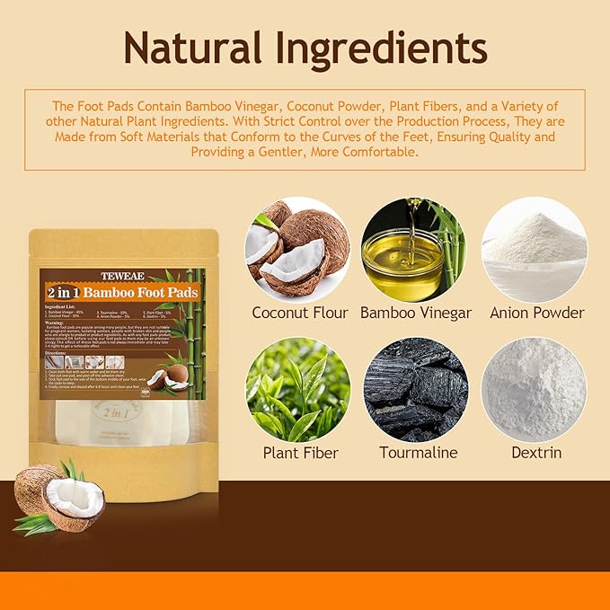 2 in 1 Foot Pads, Bamboo Vinegar Coconut Shell Powder Foot Pads with ''Stay in Place'' Bigger Adhesive Sheet(10 Pads)