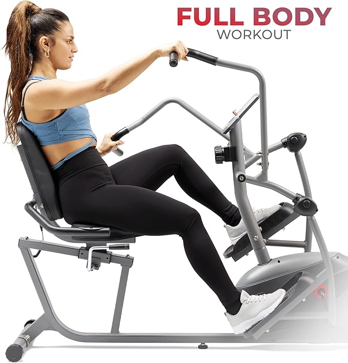 Sunny Health & Fitness Smart Recumbent Bike, Full-Body Home Training with Arm/Leg Exercisers, Indoor Cycling Workout Machine Plus Adjustable Seat & Bulit-in Pulse Sensors, Free SunnyFit App Connection