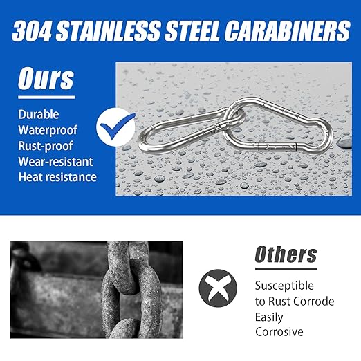 Carabiner Clip Hooks, 10pcs 3.54 inch Carabiners Heavy Duty, 304 Stainless Steel Spring Snap Hook Fits Camping Hiking, Metal Clips for Rope Chain Keys Rings