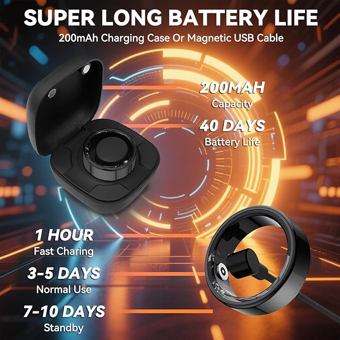 Smart Ring for Men Women with Black Charging Box, Bluetooth, Health Ring , IP68 Waterproof, Fitness Ring Tracks Heart Rate/Sleep/Steps/Sports Activities/Blood Oxygen,non-subscription app (Black, 10)