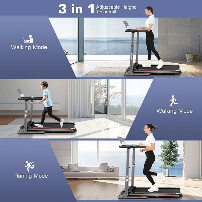 Treadmill with Desk Workstation & Adjustable Height, 300 LBS Weight Capacity, Folding Treadmill with 3 Level Incline, Bluetooth Speaker & App, Portable 2.5HP Walking Pad with Desktop for Home Office
