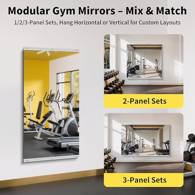 Home Gym Mirror - 48x24 Inch, 3PCS Frameless Tempered Glass Full Body Mirror for Wall Mount - Ideal for Yoga, Workout, Bedroom, Dance Studio (Silver)