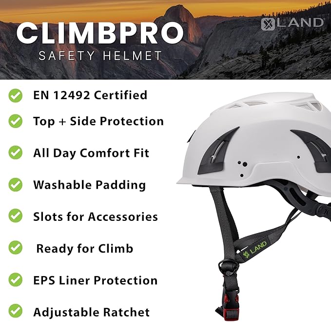Land Helmets ClimbPro Safety Helmet for Rock Climbing – Lightweight & Durable Hard Shell with Adjustable Chin Strap and Accessory Slots – Ideal for Indoor & Outdoor Adventure