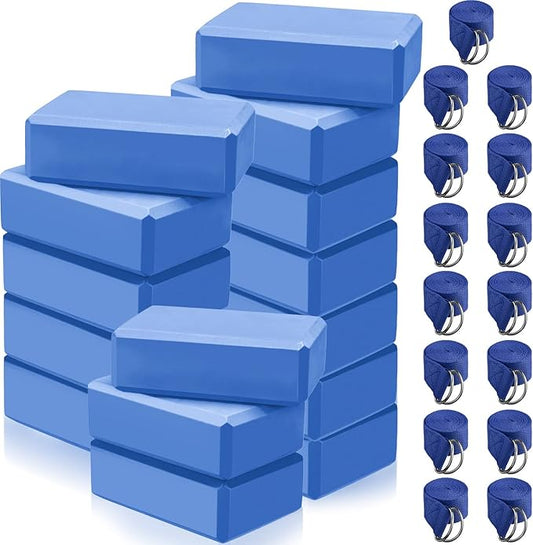 Wettarn 30 Pack Yoga Block and Strap Set 15 Pcs Non-Slip Yoga Blocks with 15 Pcs Metal D Ring Stretching Exercise Workout Fitness Accessory for Gym