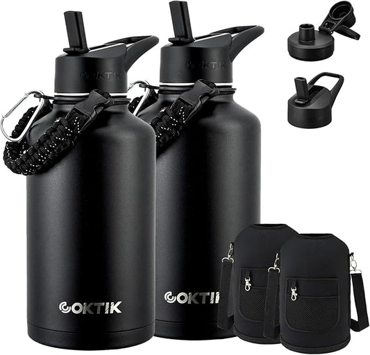 Half Gallon Insulated Water Bottle, 64 oz Triple Wall Stainless Steel Flask, Keeps Drinks Cold for 48 Hrs Leak-Proof & BPA-Free Half Gallon Jug with Paracord Handle, Straw & Spout Lids(2 pack,Black)