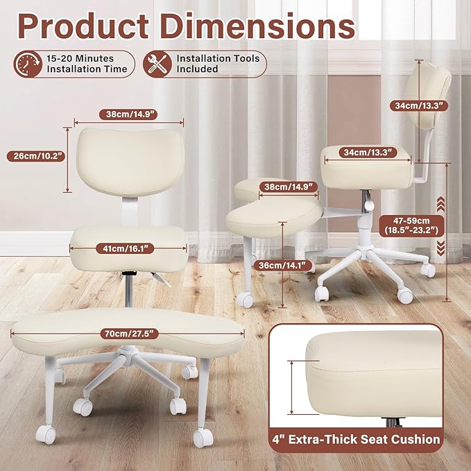 Meditation Chair Cross Legged ADHD Office Chair for Adults with Wheels Ergonomic Back Support and Leg Rest for Multi Position Criss Cross Sitting Kneeling and Yoga Height Adjustable, Leather Style