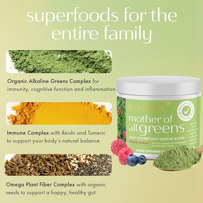 Boobie Mother of All Greens | Your New Family Ritual, Daily Super Greens Powder with 35+ Essential Nutrients for Moms & Families | Vegan, Gluten Free, & Sugar Free | Mixed Berry Flavor, 60 svgs