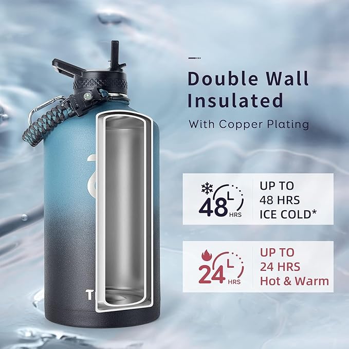 Trebo One Gallon Water Bottle Insulated with Paracord Handle,128oz Large Stainless Steel Water Jug,Vacuum Double Wall Insulated 24hr Cold Retention,Leakproof Flask with 3 Lids,Indigo Black