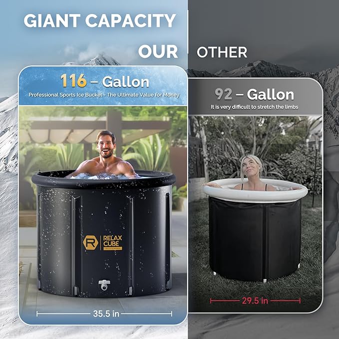 Ice Bath Tub for Athletes, 116 Gal XL Cold Plunge Tub for Recovery and Cold Water Therapy, Portable Multiple Layered Ice Pod Barrel for Outdoor, Inflatable Icebath Tub at Home, Pure Black