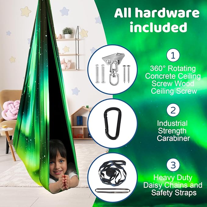 Double Layer Sensory Swing for Kids & Adults Holds up to 300lbs Indoor and Outdoor Therapy Cuddle Swing with 360° Swivel Hanger Kit Adjustable Swing with Aspergers Autism ADHD (Aurora Green)