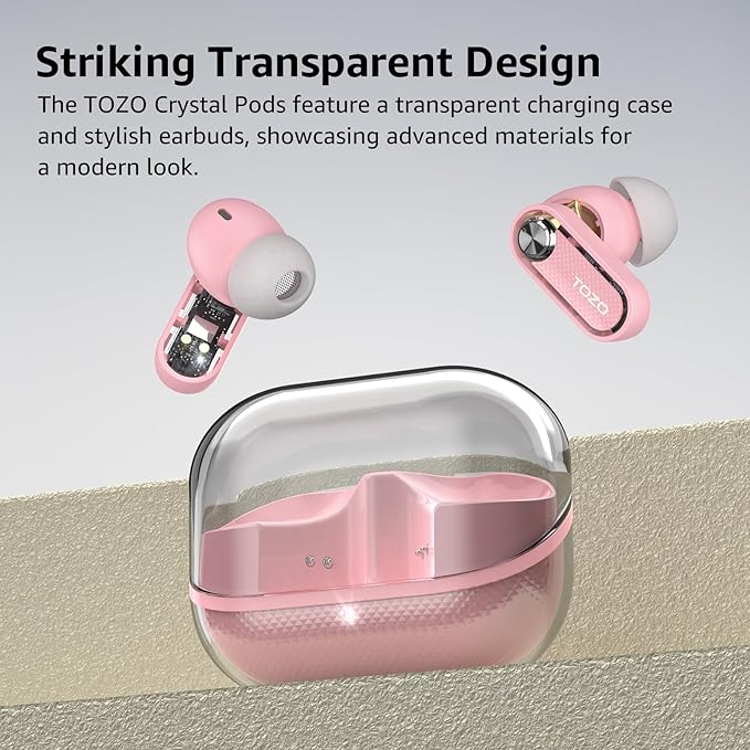 TOZO Crystal Pods Hybrid Active Noise Cancelling Wireless Earbuds, 10mm Drivers Deep Bass Stereo Sound, 4 Mics Smart ENC AI Calls, 32 EQ via App, Bluetooth 5.4 Headphones, Crystal Case Design