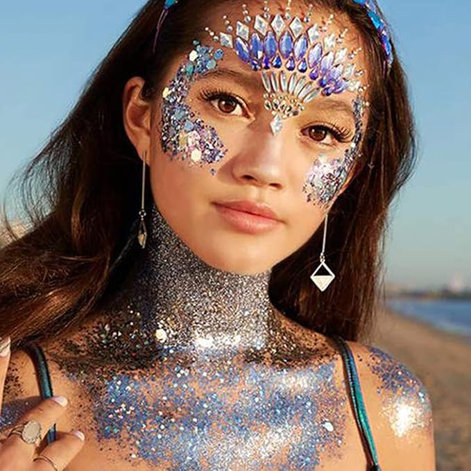 MEICOLY Clear White and Silver Body Glitter Set, Mermaid Face Glitter Gel, Singer Concerts Festival Rave Accessories, Chunky Sequins Glitter Paint for Women and Kids, Sparkling Makeup