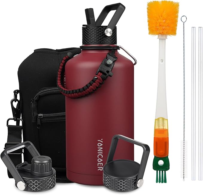 Insulated Water Bottle 64oz,Triple Wall Vacuum Stainless Steel(Dishwasher Safe),Leak Proof & Non-BPA,Flask Jug with Paracord Handle & Straw Spout Lids Sports