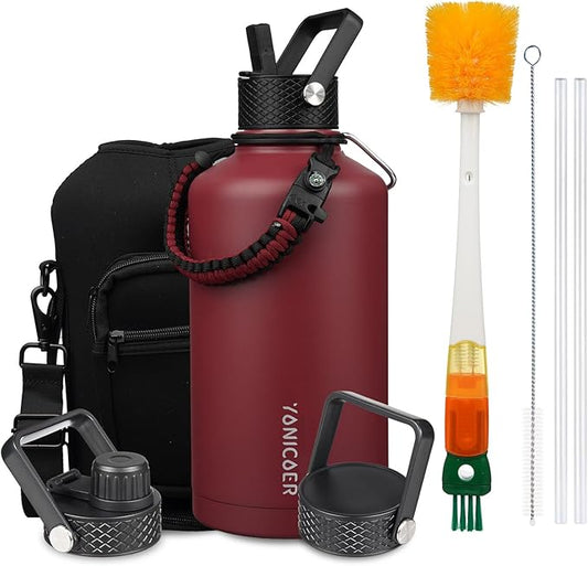 Insulated Water Bottle 64oz,Triple Wall Vacuum Stainless Steel(Dishwasher Safe),Leak Proof & Non-BPA,Flask Jug with Paracord Handle & Straw Spout Lids Sports