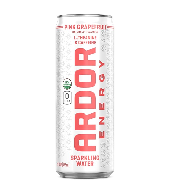 ARDOR ENERGY Sparkling Water with 100mg Natural Caffeine & 200mg L-Theanine from Organic Green Tea for Smooth Energy & Focus | Healthy Energy Drink | No Sugar, Zero Calories, Vegan, Gluten-Free | Pink Grapefruit (Pack of 12, 12oz cans)