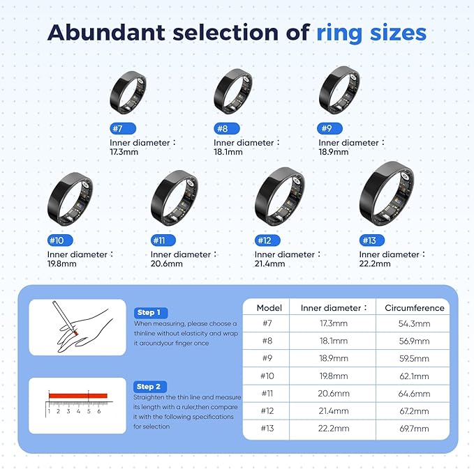 Smart Ring with Sleep Monitoring, No APP Subscription, 10-Day Battery Life, Stress/Heart Rate/Women's Health Tracker, Android & iOS Compatible (Silver, 10)