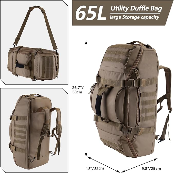 65L Large Duffle Bag, 3-in-1 Tactical Backpack MOLLE Pack for Sports, Gym, Outdoor, Coyote