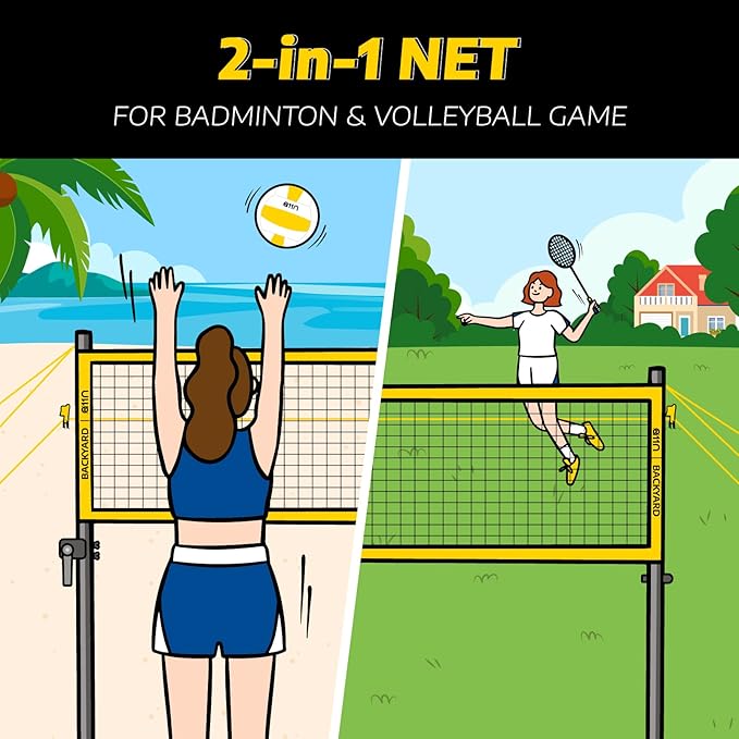 A11N Outdoor Volleyball and Badminton Combo Set - Includes Adjustable Height Anti-Sag Net, Volleyball, Air Pump, 4 Badminton Rackets, 2 Shuttlecocks, Boundary Line Marker, and Carrying Bag