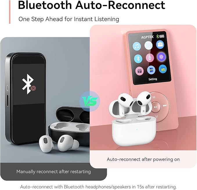 AGPTEK A02 MP3 Player with Bluetooth 5.3, 1.8 inch Screen Portable Music Player with Speaker, FM Radio, Voice Recorder, Supports Expanded Up to 128GB(Rose Gold, 64GB)