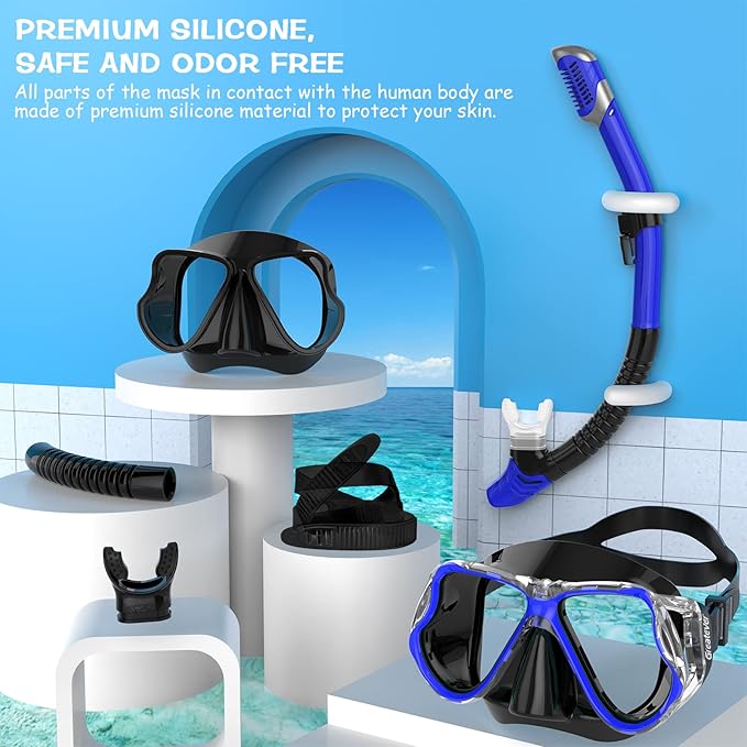 Greatever Dry Snorkel Set,Panoramic Wide View,Anti-Fog Scuba Diving Mask,Professional Snorkeling Gear