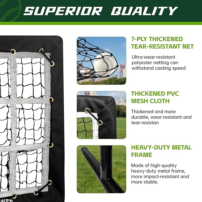 9 Hole Pitching Net, Heavy-Duty Baseball Net with Strike Zone for Pitching and Hitting, Height Adjustable Training Equipment with 9 Pocket Pitching Target for Baseball & Softball Practice