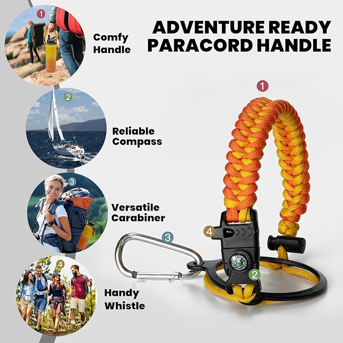 Insulated Water Bottle 40 oz, Triple Wall Vacuum Stainless Steel (Cold for 48 Hrs), Leak Proof & Non-BPA, Modern Water Flask Jug with Paracord Handle & Straw Spout Lids, Ombre Orange