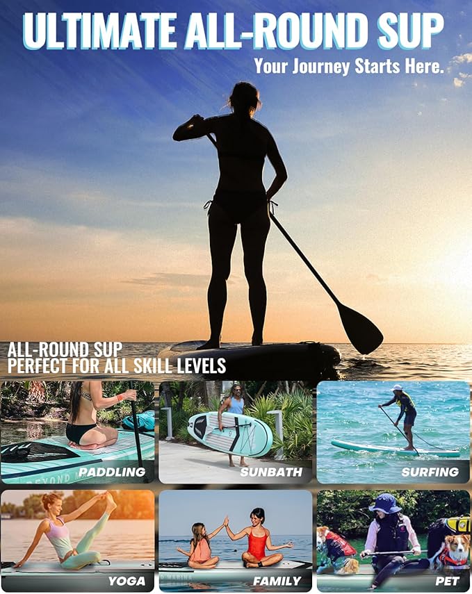 BM Paddle Board Inflatable Stand Up Paddle Board, SUP Paddleboard for Adult, Premium Accessories | Non-Slip EVA Deck & Foam Handles, Camera Mount, Double Action Pump, 85L Travel Backpack