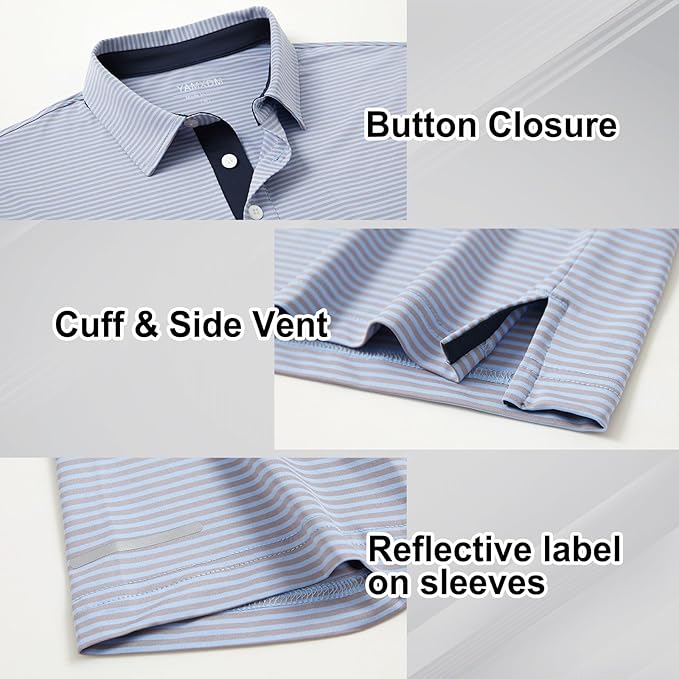 Golf Shirts for Men - Moisture Wicking Short Sleeve Performance Sport Casual Striped Collared Mens Polo Shirt