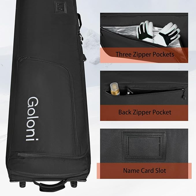 Goloni Ski Bag with Wheels,Padded Snowboard Bag for Air Travel,600D Waterproof Fabric,Foldable Snow Bag Fits 2 Pairs Skis