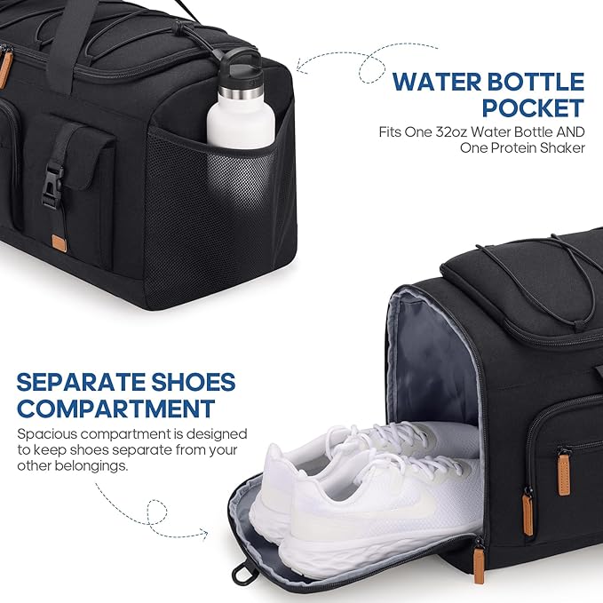 Gym Bag for Men and Women with Shoe & Laptop Compartment, 3-in-1 Sports Travel Duffel Bag Anti-Theft Weekender Carry-On Backpack for Airplane & Workout, Overnight Travel Bag,35L (Black, Medium)