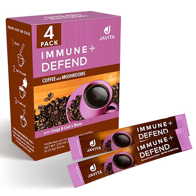 Mushroom Coffee by Javita, Immune & Defend Blend of Chaga, Lion's Mane and Dark Roast Coffee for Morning Boost, Antioxidant Support; Keto-friendly, 4 boxes of 24 (3.5g) Sticks, 96 ct