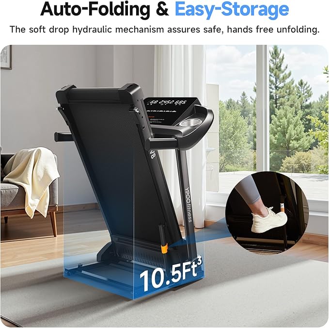 Treadmills for Home with Incline, Auto Foldable Running Treadmills, 8.0 MPH Walking Pad Treadmill with Bluetooth, 300 lbs Weight Capacity Quiet
