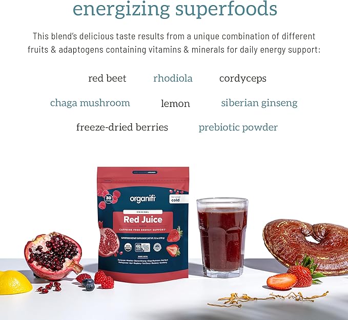 Organifi Red Juice - Energy Powder Reduces Afternoon Crashes and Boosts Digestion and Immune System, 90 Servings