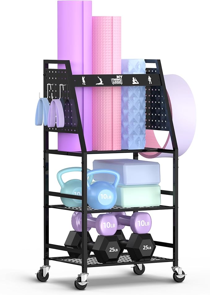 Mythinglogic Dumbbell Rack for Home Gym, Weight Rack for Dumbbells, Multifunctional Yoga Mat Holder for Barbell plates and Kettlebells, Home Gym Storage Rack with Casters